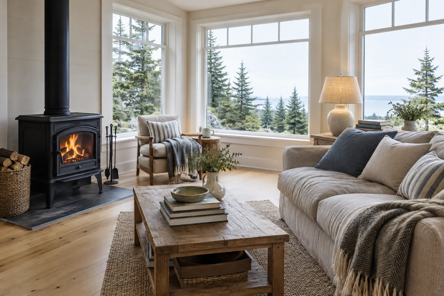 Living room with a wood stove, a linen sofa and big windows onto spruce trees