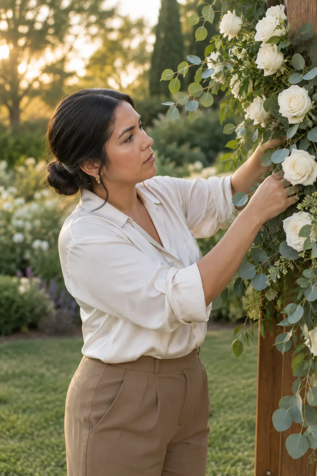 Elena adding white roses to a wooden ceremony arch