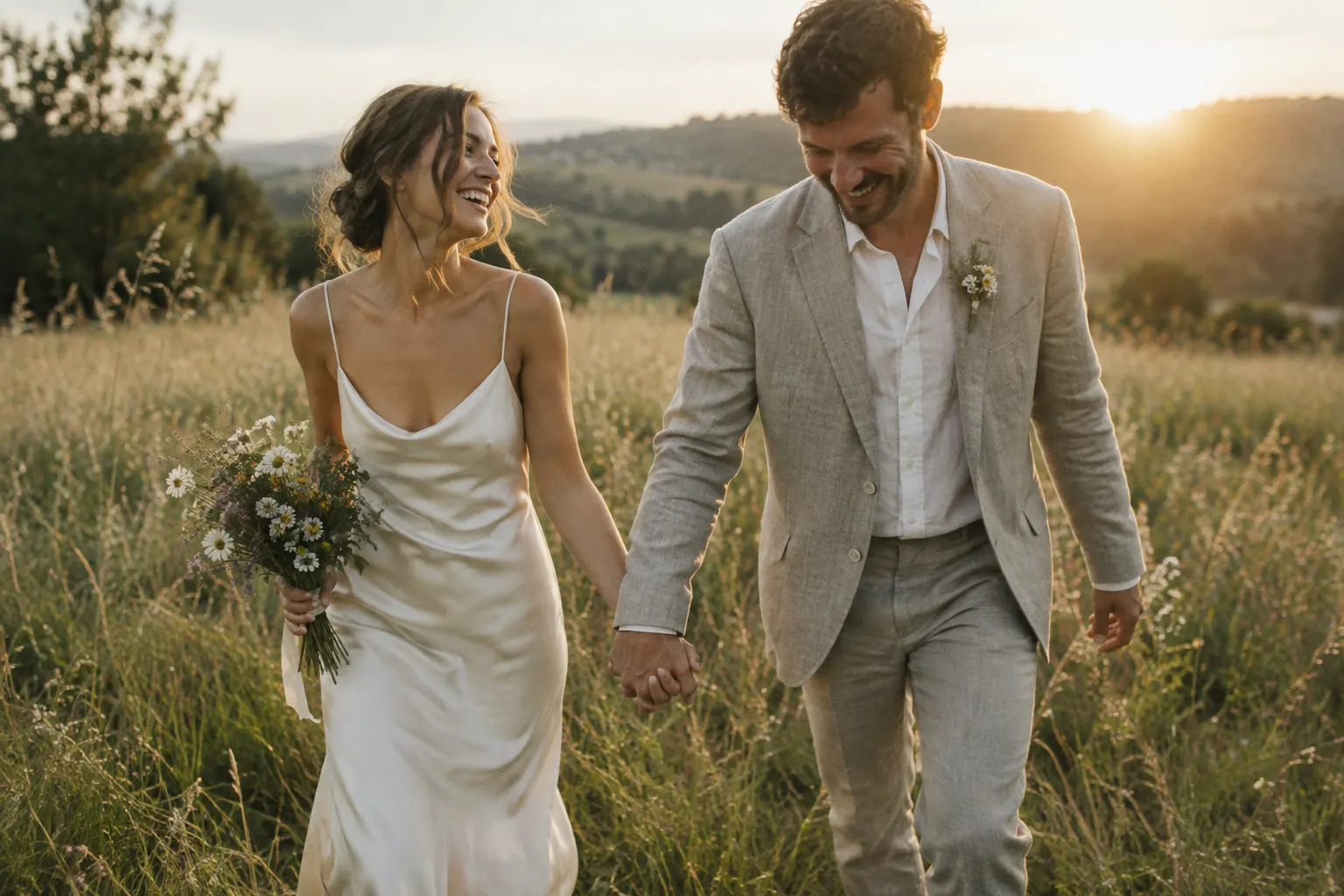 A couple walking hand in hand through a meadow at sunset