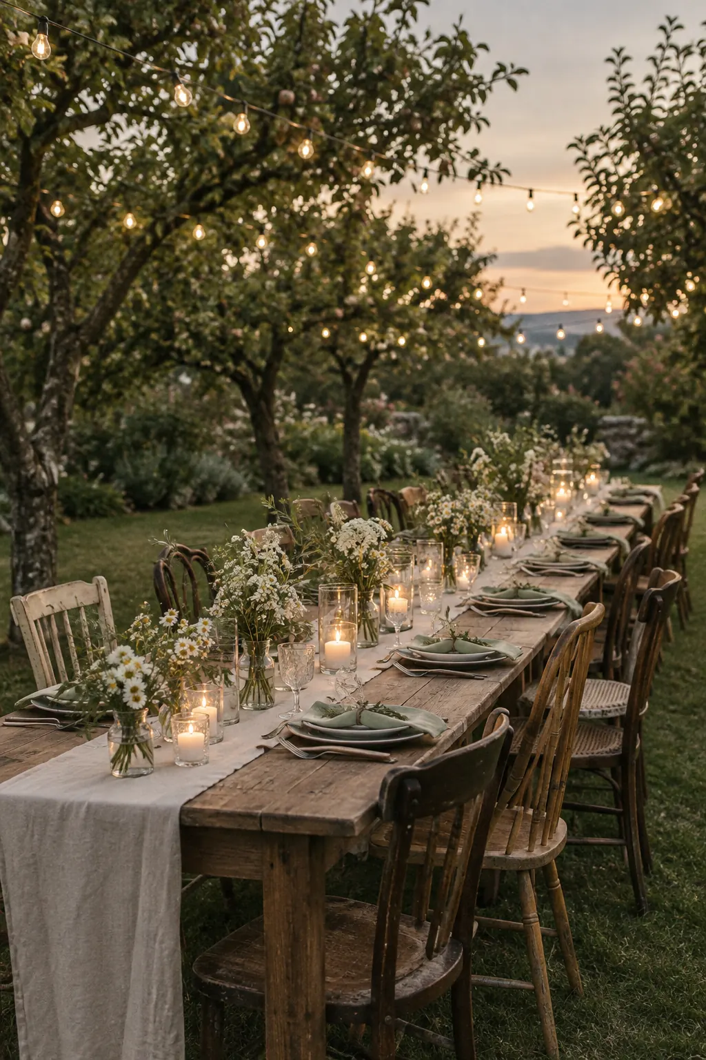 A long dinner table set under string lights in an orchard